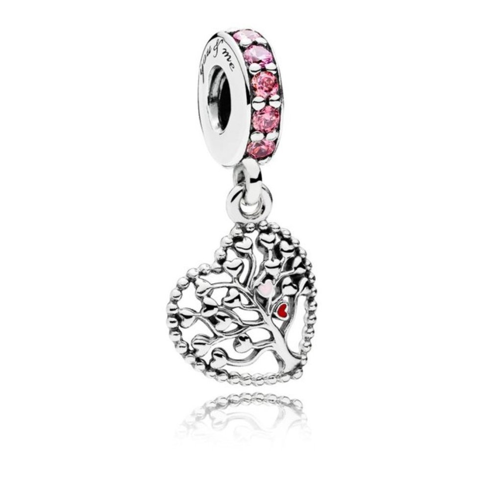 Family Tree Heart Dangle Bracelet Charm - S925 Sterling Silver Fits Pandora